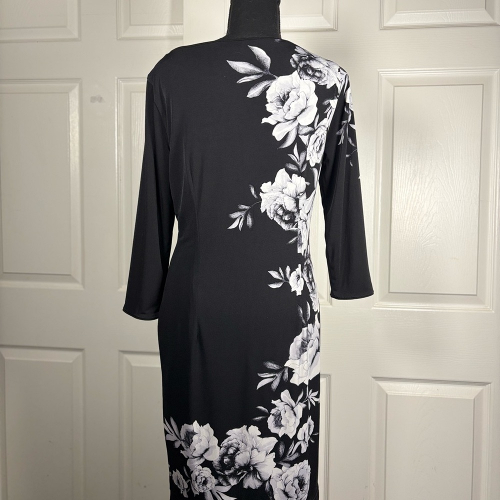 White House Black Market Asymmetrical Black Dress with White Floral Design - Picture 7 of 13